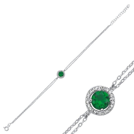 Sterling Silver Rhodium Plated Round Emerald Green CZ Bracelet