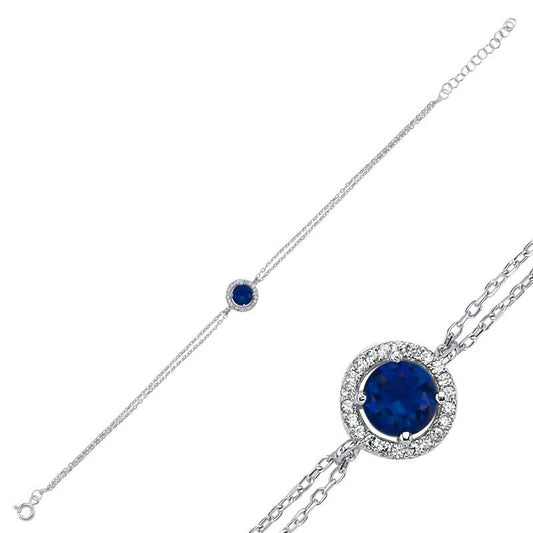 Sterling Silver Rhodium Plated Round Royal Blue CZ Bracelet