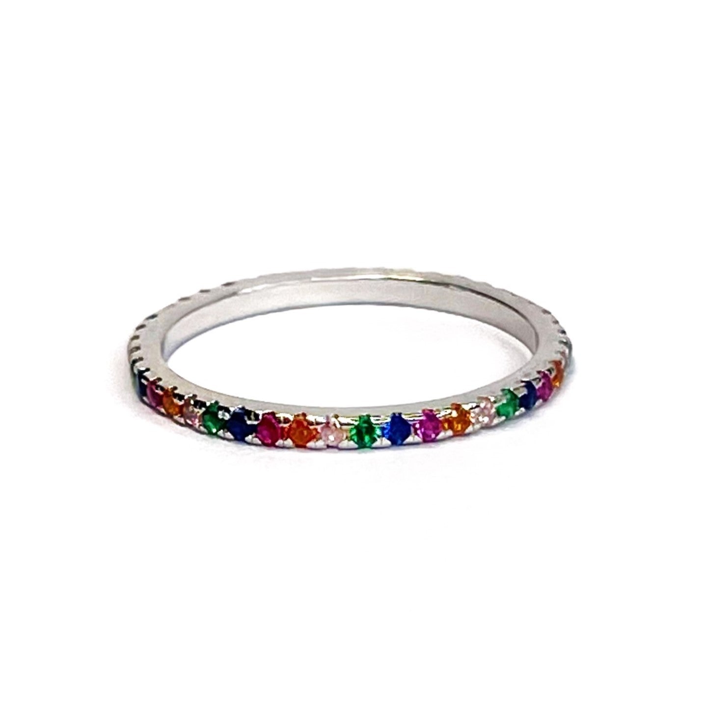 Sterling Silver Rhodium Plated 1.5 mm Rainbow CZ Ring