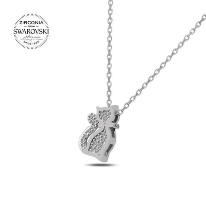 Sterling Silver Rhodium Plated Swarovski Cat Necklace