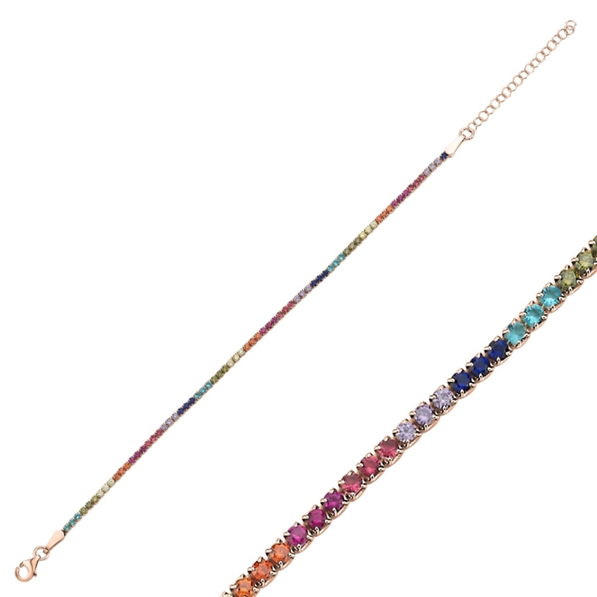 Sterling Silver Rose Gold Plated Rainbow CZ Tennis Bracelet