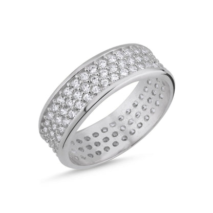 Sterling Silver Rhodium Plated Three Row CZ Band Ring