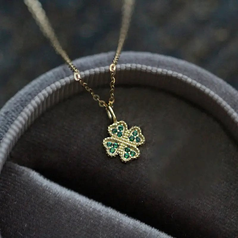 Sterling Silver Gold Plated CZ Clover Pendant Necklace