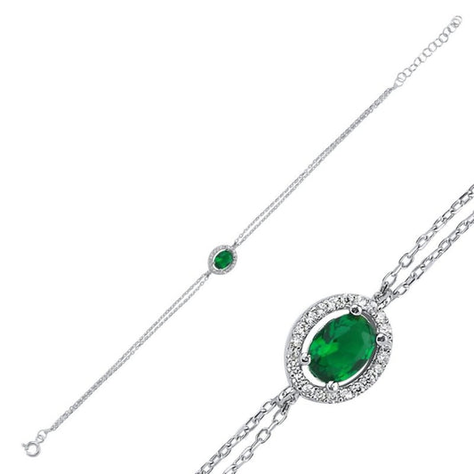 Sterling Silver Rhodium Plated Oval Emerald Green CZ Bracelet