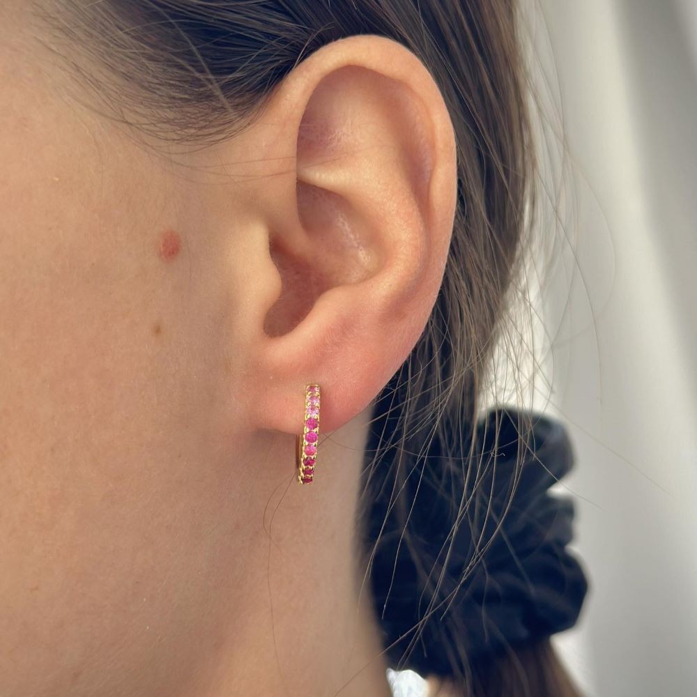 Sterling Silver Gold Plated 13 mm Hoops with Pink CZ