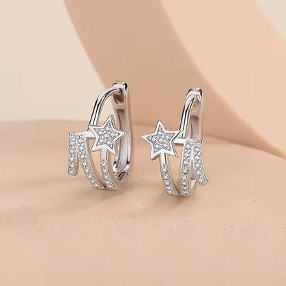 Sterling Silver Rhodium Plated CZ Star Hoops