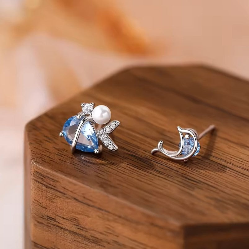 Sterling Silver Rhodium Plated Dolphin and CZ Studs