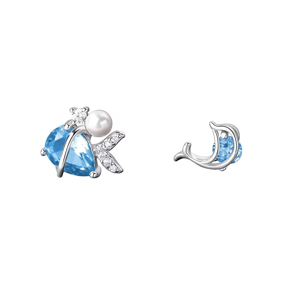 Sterling Silver Rhodium Plated Dolphin and CZ Studs