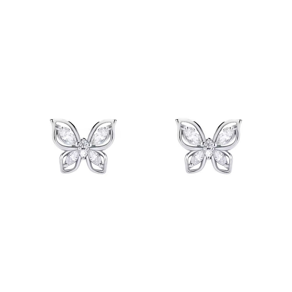 Sterling Silver Rhodium Plated CZ Butterfly Studs