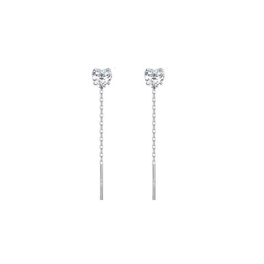 Sterling Silver CZ Heart Chain Drop Earrings