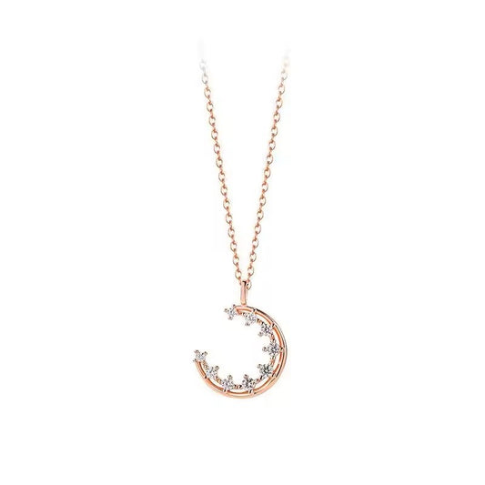 Sterling Silver Rose Gold Plated CZ Moon Necklace