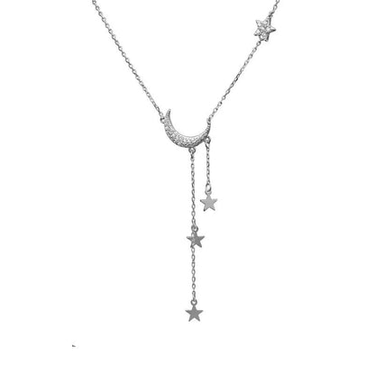 Sterling Silver Rhodium Plated CZ Moon & Stars Necklace