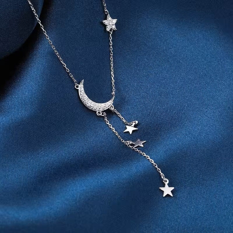 Sterling Silver Rhodium Plated CZ Moon & Stars Necklace