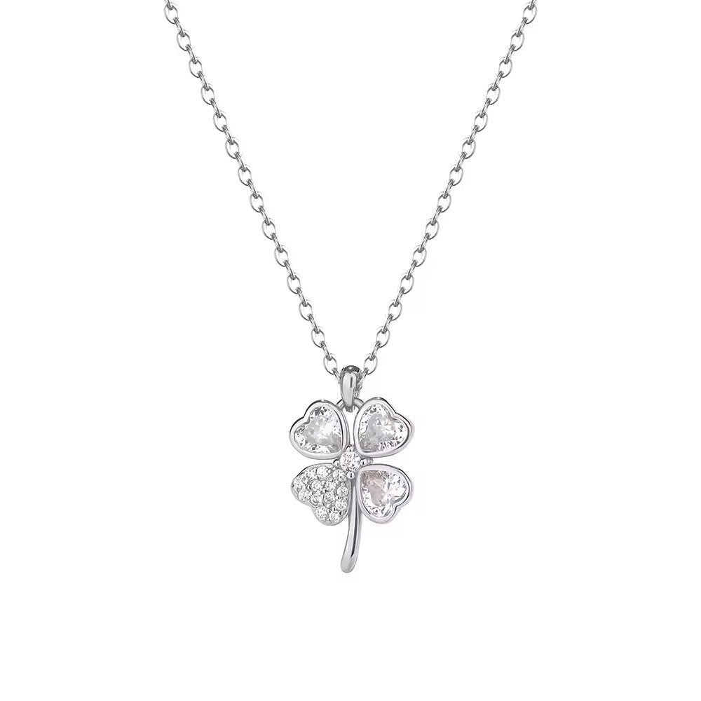 Sterling Silver Rhodium Plated CZ Clover Necklace