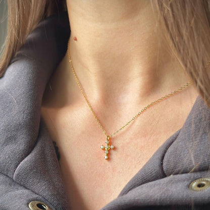 Sterling Silver Gold Plated CZ Cross Pendant Necklace