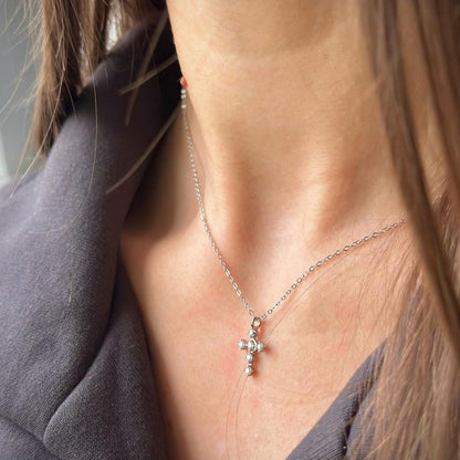 Sterling Silver Rhodium Plated CZ Cross Necklace