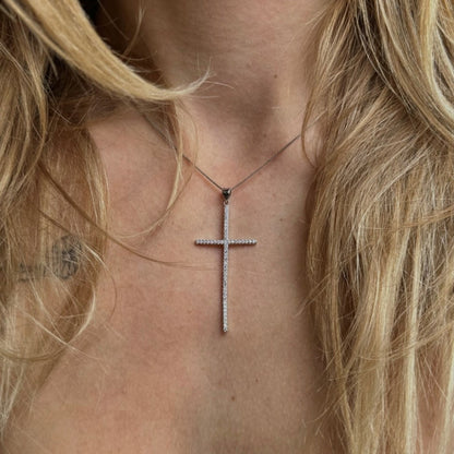 Sterling Silver Rhodium Plated CZ Cross Necklace