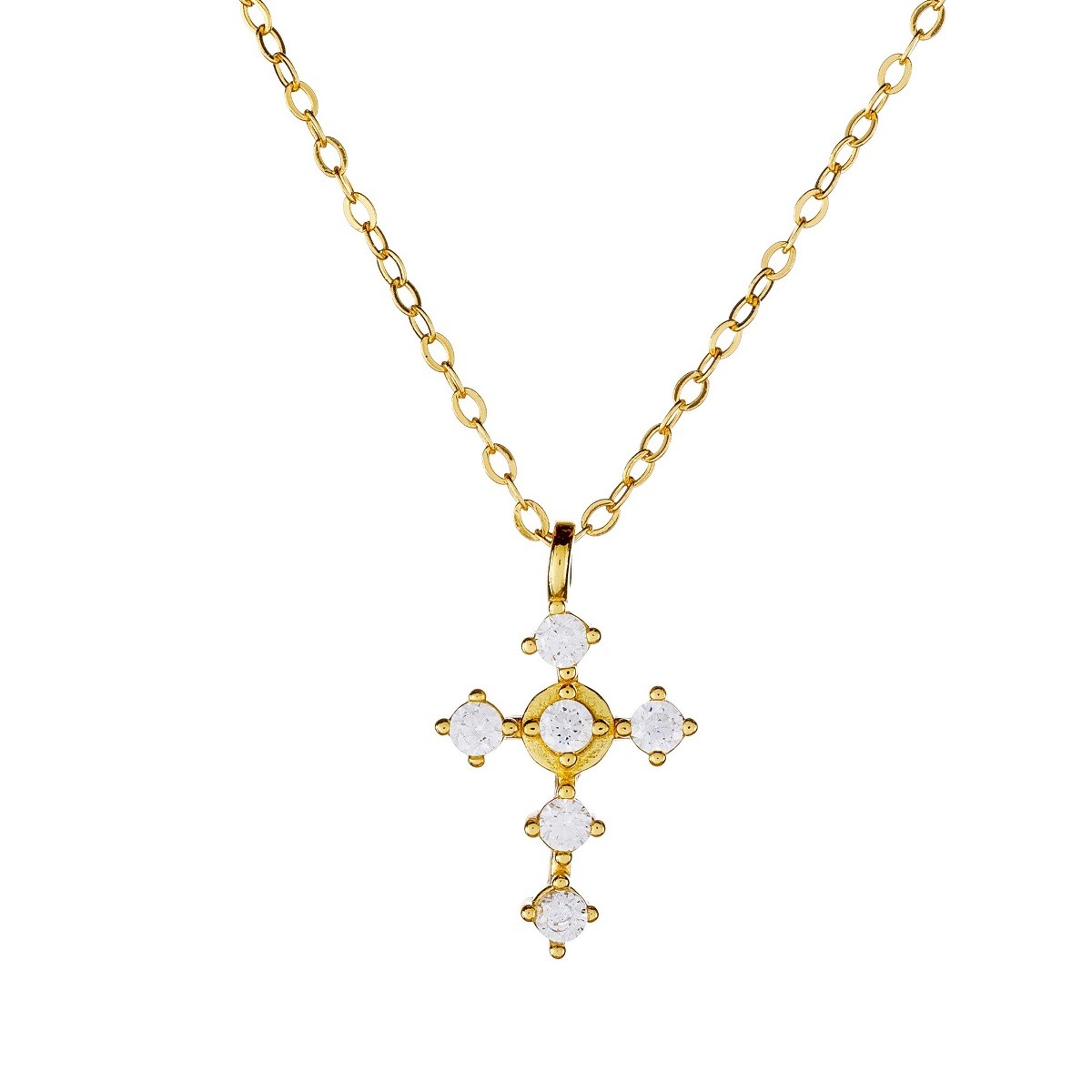 Sterling Silver Gold Plated CZ Cross Pendant Necklace