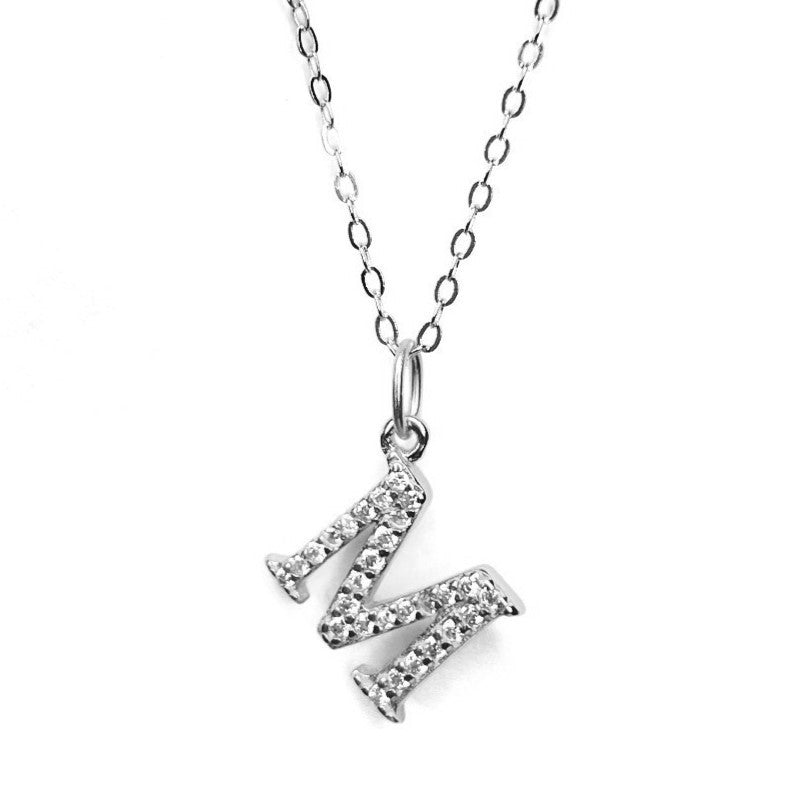 Sterling Silver Rhodium Plated CZ Letter Necklace