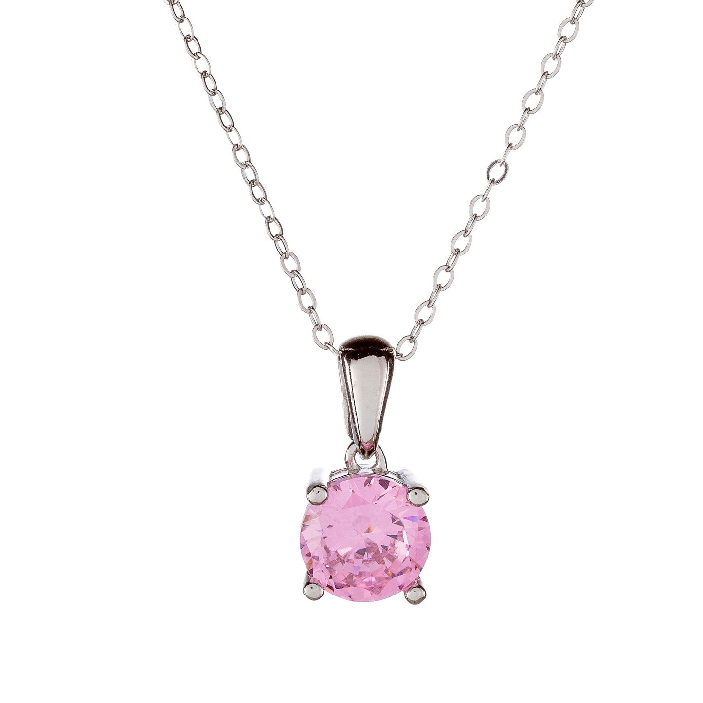 Sterling Silver Rhodium Plated Pink CZ Pendant Necklace