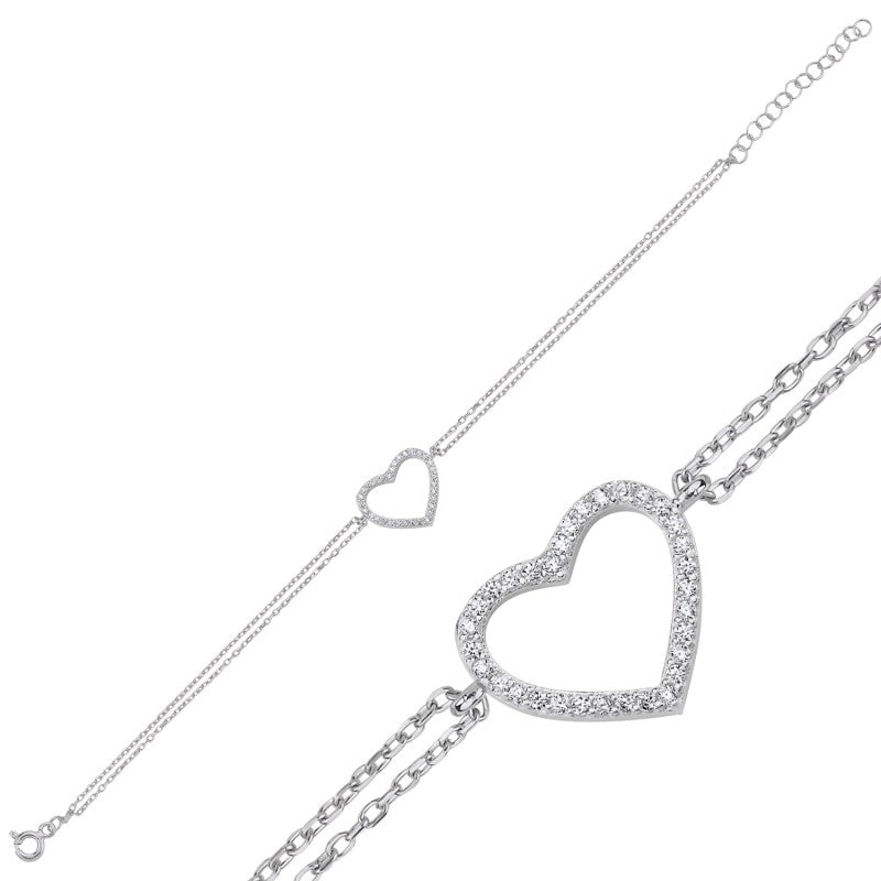 Sterling Silver Rhodium Plated CZ Heart Bracelet