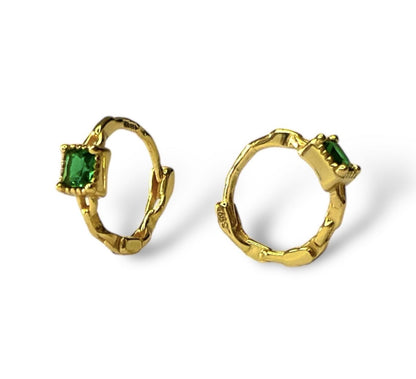 Sterling Silver Gold Plated 11 mm Hoops with Green CZ