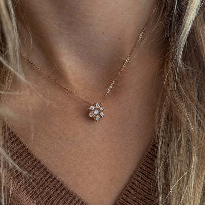 Sterling Silver Rose Gold Plated CZ Flower Necklace