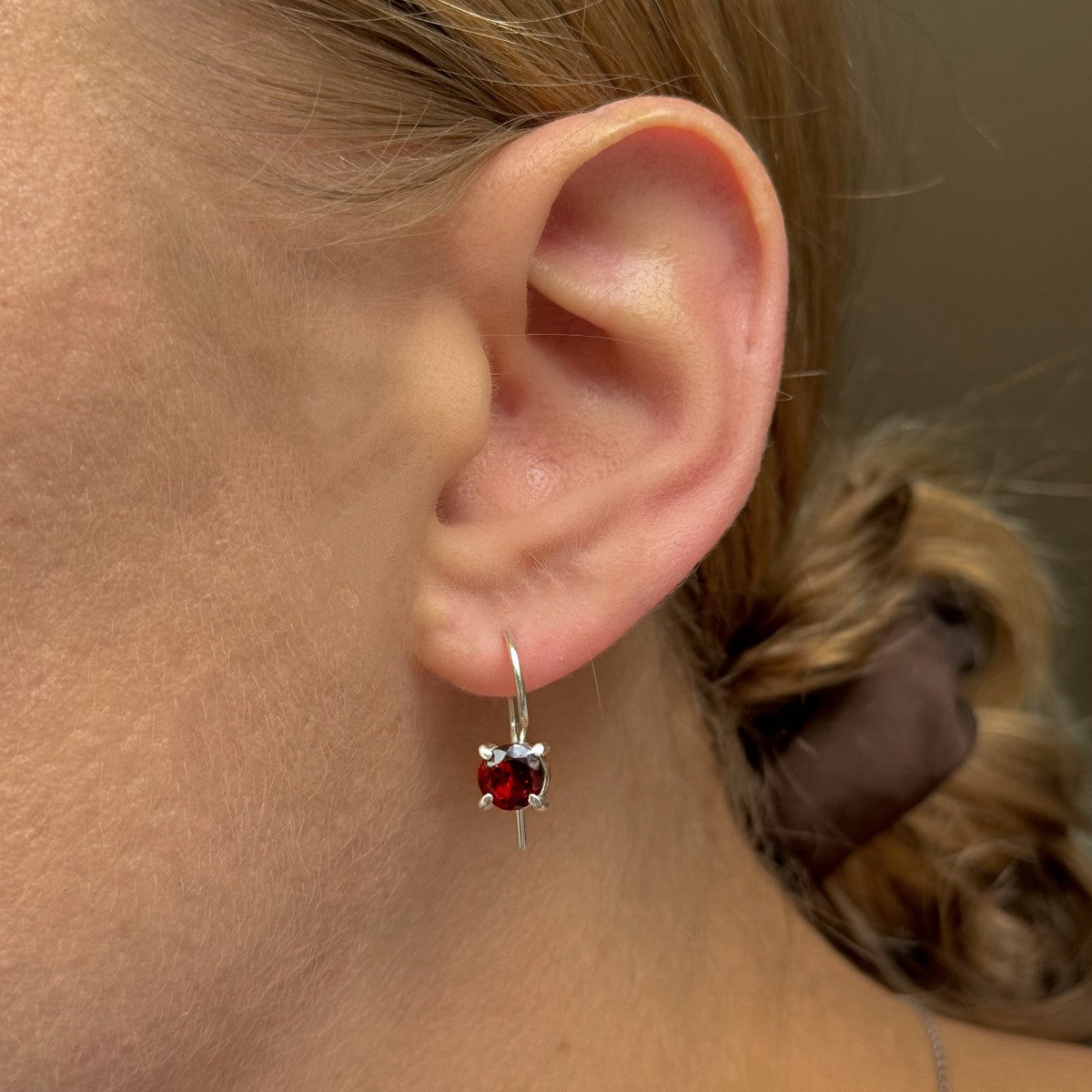 Sterling Silver Round Garnet Drop Earrings