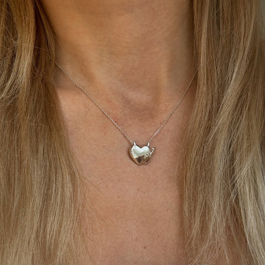 Sterling Silver Heart with Devil Horns Pendant Necklace