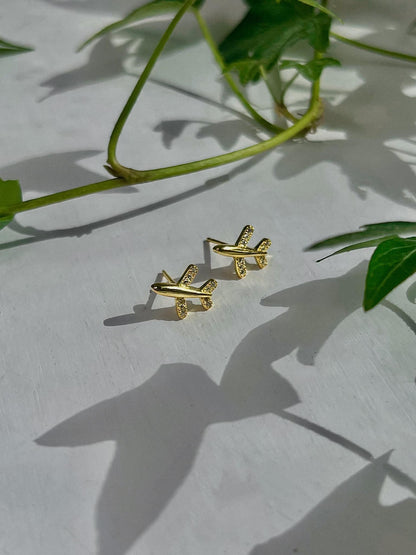 Sterling Silver Gold Plated CZ Plane Studs