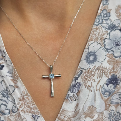 Sterling Silver Blue Topaz Cross Necklace