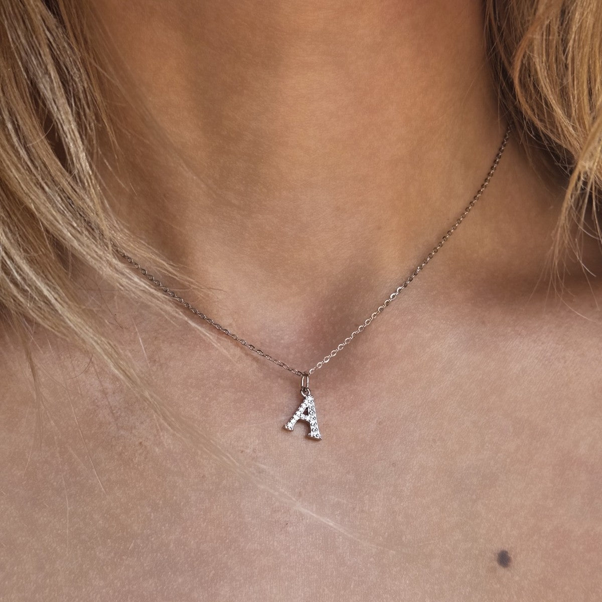 Sterling Silver Rhodium Plated CZ Letter Necklace