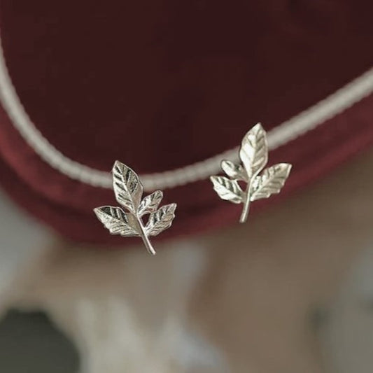 Sterling Silver Rhodium Plated Leaf Stud Earrings