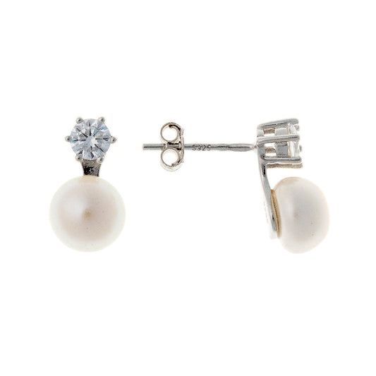 Sterling Silver Rhodium Plated Pearl & CZ Stud Earrings