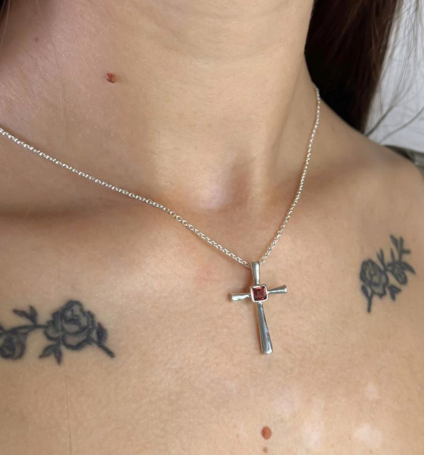 Sterling Silver Garnet Cross Necklace