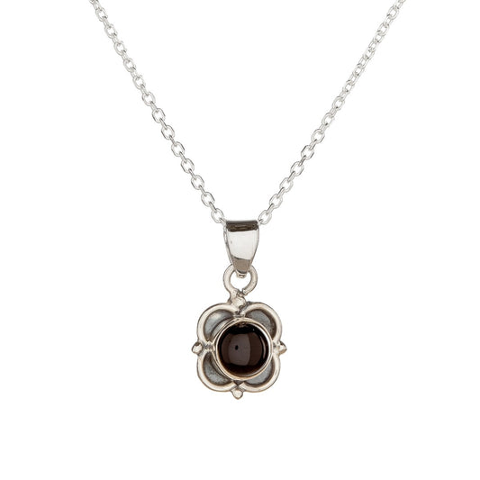 Sterling Silver Onyx Flower Pendant Necklace