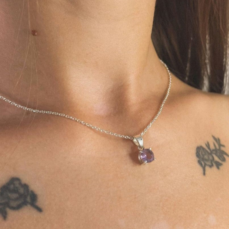 Sterling Silver Round Amethyst Pendant Necklace