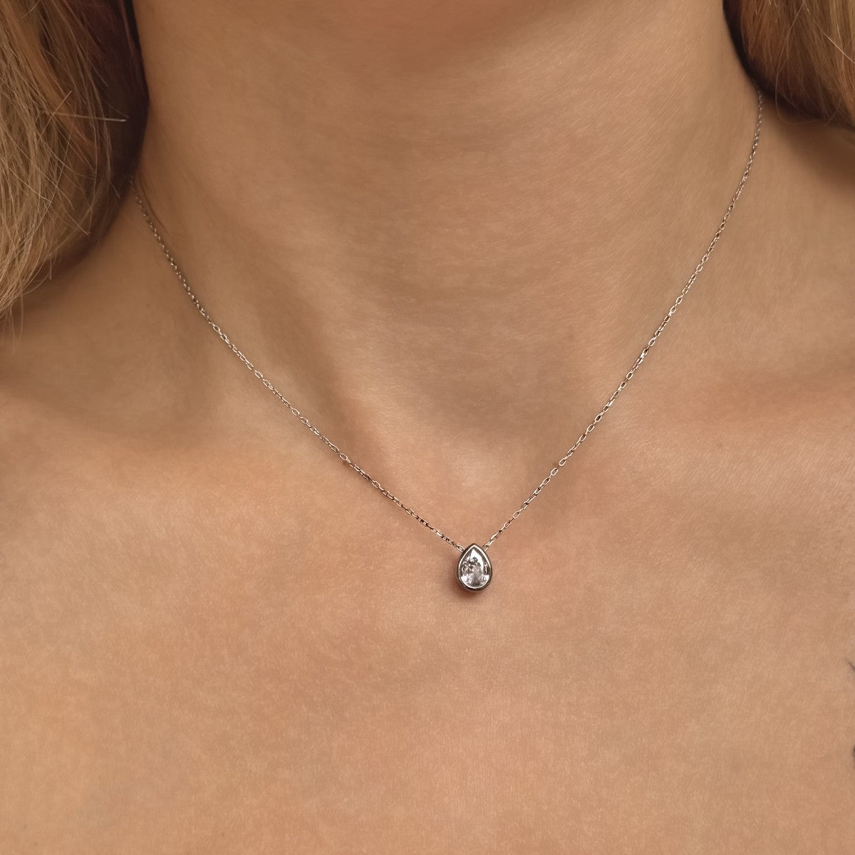 Sterling Silver Rhodium Plated CZ Teardrop Necklace