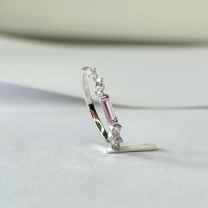 Sterling Silver Rhodium Plated Pink CZ Ring