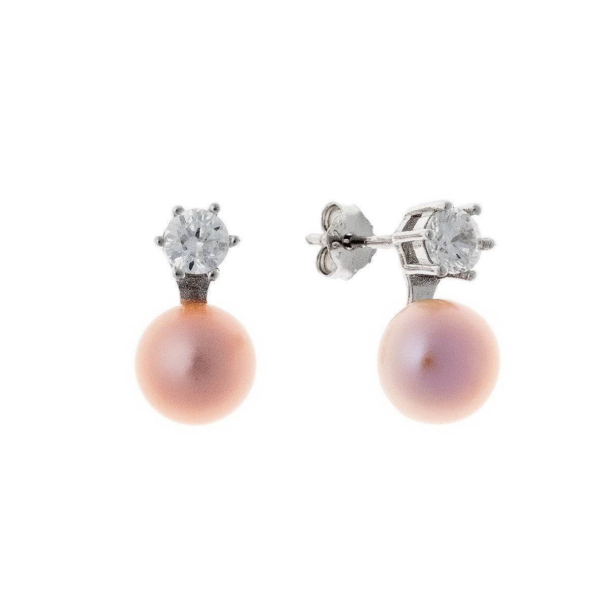 Sterling Silver Rhodium Plated Pearl & CZ Stud Earrings