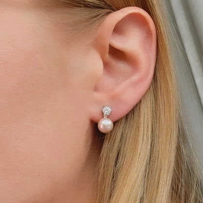 Sterling Silver Rhodium Plated Pearl & CZ Stud Earrings