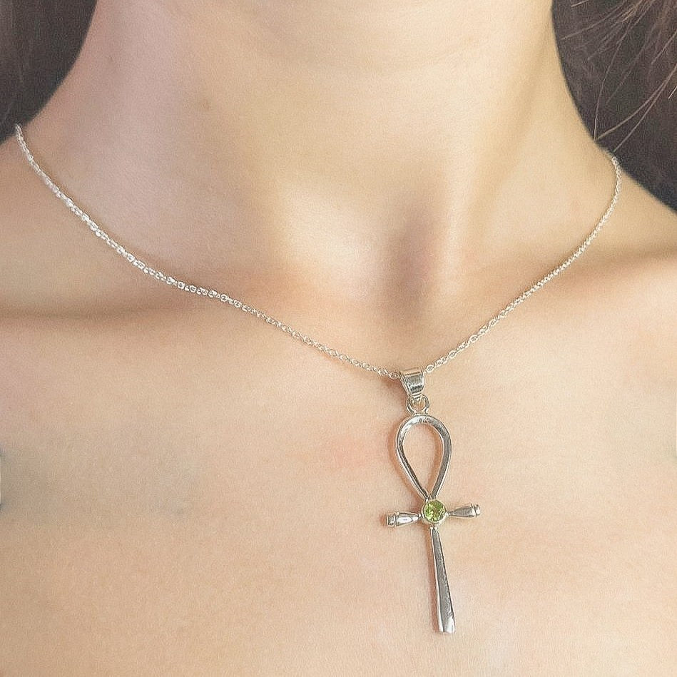 Sterling Silver Peridot Cross Pendant Necklace