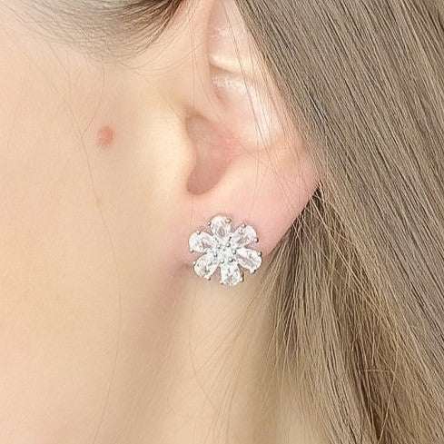 Scandinavian Silver Rhodium Plated CZ Studs "Flowers"