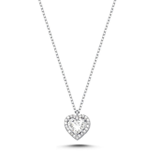 Sterling Silver Rhodium Plated CZ Heart Necklace