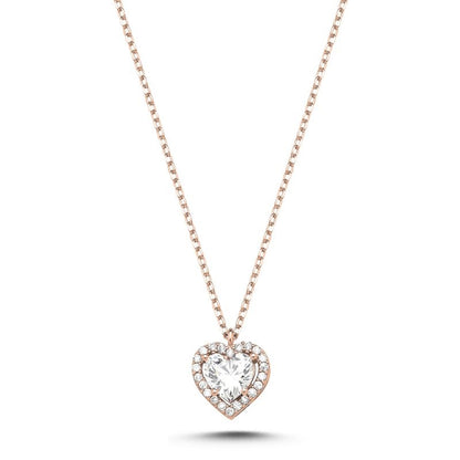 Sterling Silver Rose Gold Plated CZ Heart Necklace