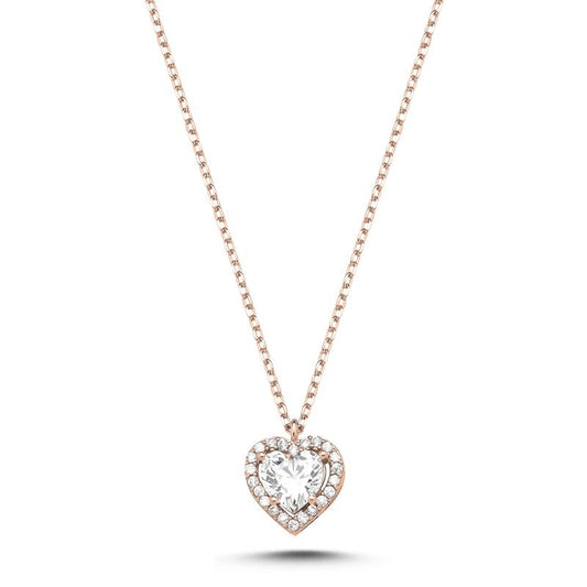 Sterling Silver Rose Gold Plated CZ Heart Necklace