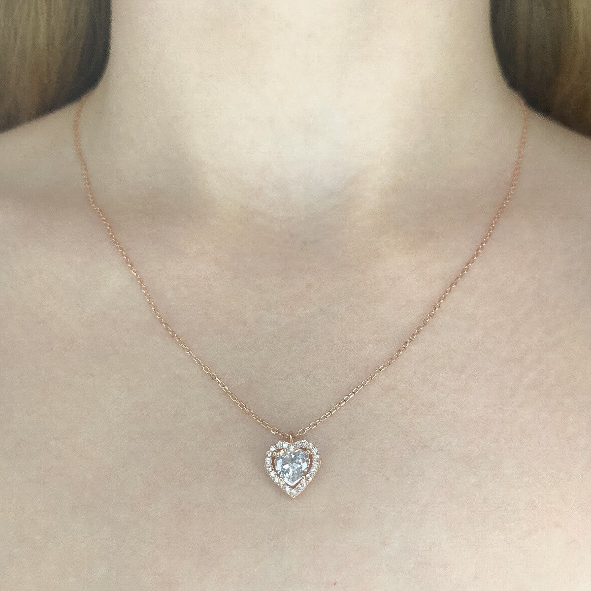 Sterling Silver Rose Gold Plated CZ Heart Necklace