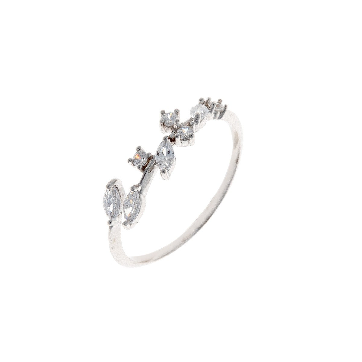 Sterling Silver Rhodium Plated CZ Leaf Ring