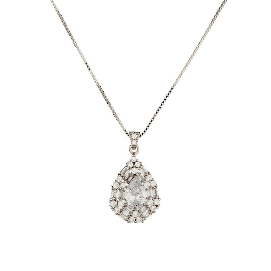 Sterling Silver Rhodium Plated Teardrop CZ Necklace