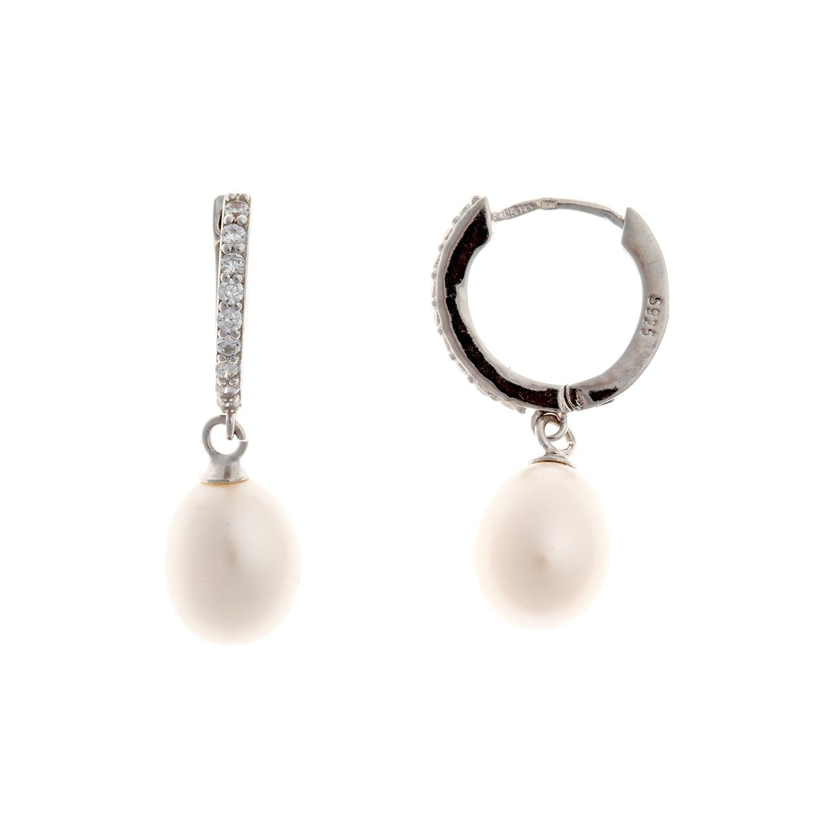 Sterling Silver Rhodium Plated Hoops with Pearl Charms and CZ